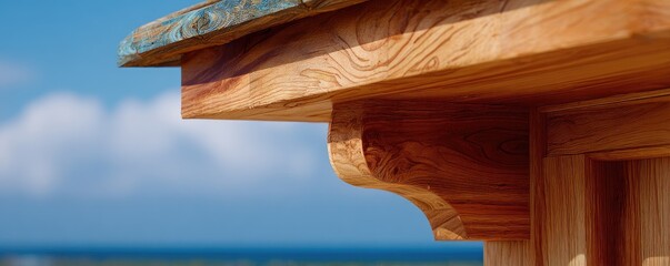 Woodwork detail against a bright outdoor backdrop