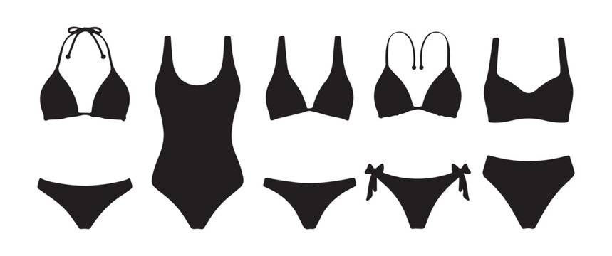 Various black swimwear icons on white background, modern beach fashion collection