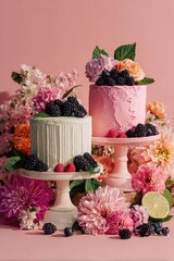 Berry-topped cakes amidst floral blossoms on pink