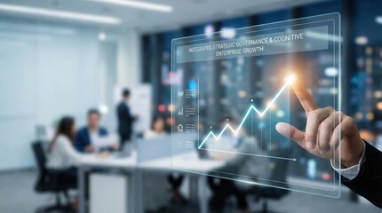 Business professional optimizing digital analytics dashboard with virtual touchscreen graph interface for data-driven decision making and enterprise financial growth strategy