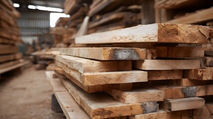 Stack of raw lumber planks neatly stored in a rustic workshop ready for construction projects