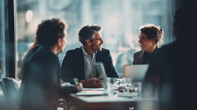 Small group of business partners discussing strategy around a table, soft window light, calm neutral tones, authentic working moment, copy space on the left, banner composition