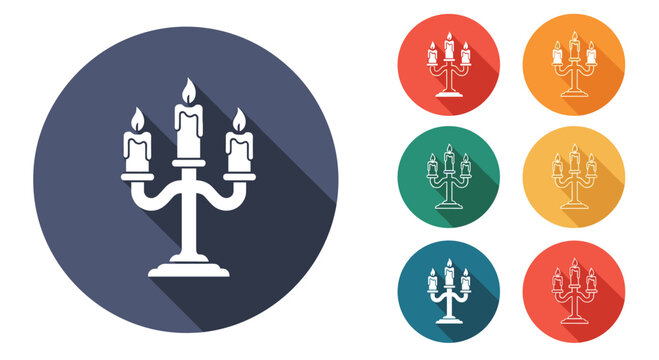 A set of modern flat design candelabra icons with three lit candles and a long shadow effect, presented in various colors.