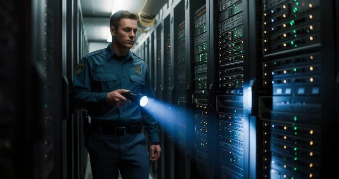 Security guard investigating server room with flashlight