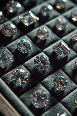 Sparkling gems arranged neatly in velvety padded squares