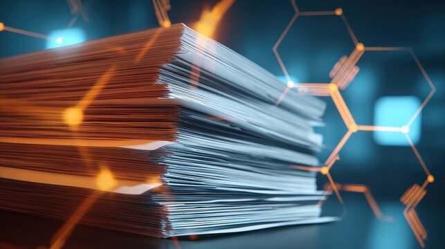 A close-up view of a stack of documents with abstract, digital overlays, symbolizing data management and technology.
