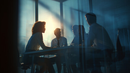 Professional team collaboration scene, natural interaction, modern office, subtle cinematic lighting, copy space above