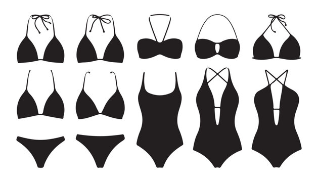 Collection of elegant women swimwear silhouettes in black color for catalog and online store graphic