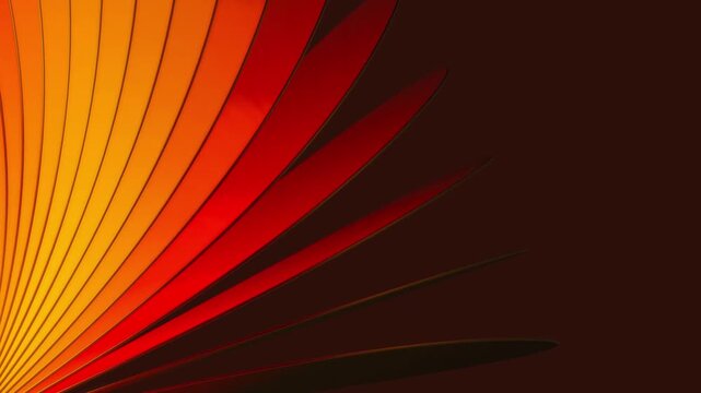 Radiating red and orange blades or lines create a dynamic abstract pattern against a dark maroon background with a sharp sense of motion and contrast