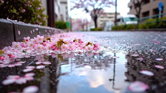 Cherry Blossom Petals Fall on Wet City Street Reflecting Sky.
