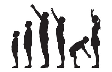 Silhouettes of people of different ages and sizes in various poses showing growth and development