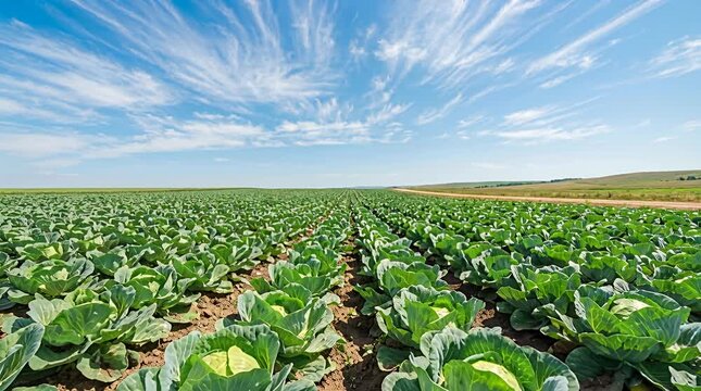 Expansive green cabbage field under a vast blue sky with wispy clouds, farm agriculture cabbage field,.