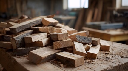 Rough cut wooden scraps and lumber pieces piled on a workbench in a woodshop