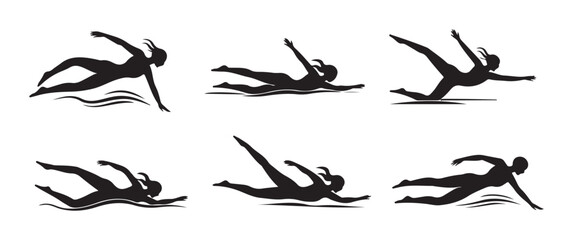 Fototapeta premium Set of six female swimmers demonstrating various dynamic swimming positions, isolated on white