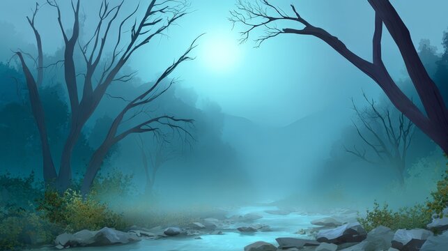 Mysterious moonlit forest with foggy river and twisted branches enchanted nature scene tranquil environment atmospheric view