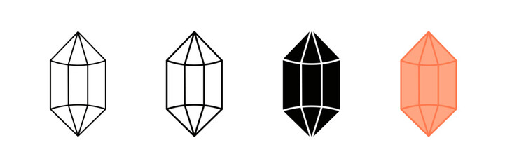 Set of minimalist crystal icons with transparent background, depicting geometric prisms, precious gemstones, mineral structures, and abstract forms, vector illustration