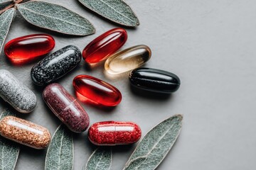 Colorful pills with leaves on a gray surface