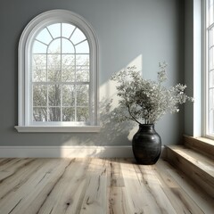 Arched window room, light wood floors, vase of white blooms