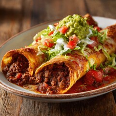 Beef enchiladas with toppings on rustic plate
