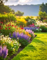 Lush flower garden in sunlight with a variety of colorful blooms