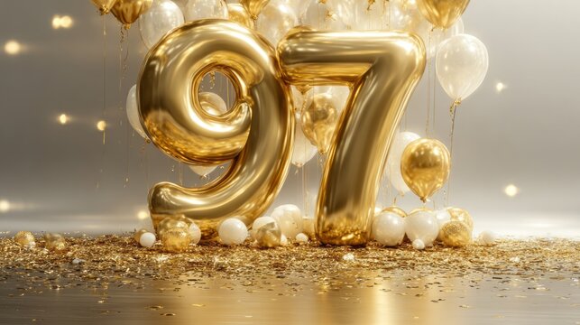 97th birthday celebration with cake and candles anniversary party background festive dessert