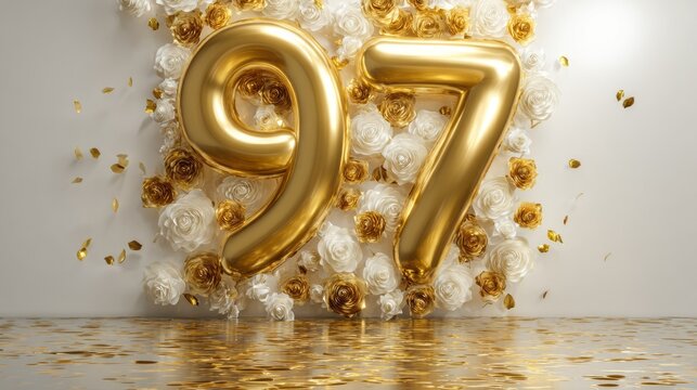 97th birthday celebration with cake and candles festive party background milestone dessert