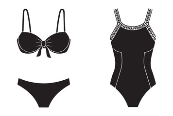 Black silhouette swimsuit icons featuring classic two piece bikini and elegant one piece beachwear