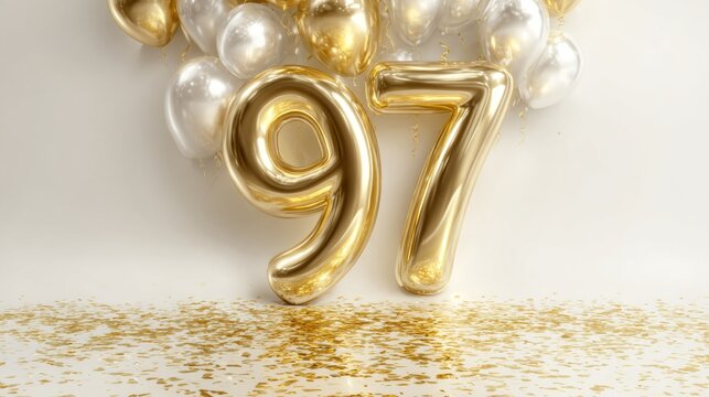 97th birthday celebration with cake and candles milestone party background festive atmosphere