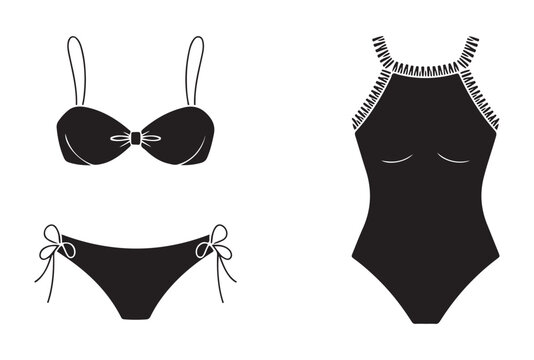 Minimalist black swimwear silhouettes featuring string bikini set and halter neck monokini bodysuit