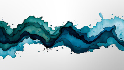 Obraz premium Abstract teal and blue watercolor ink wave background with fluid layers and splatter details on a clean white canvas