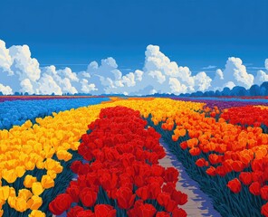 Colorful tulip field under a blue, cloudy sky
