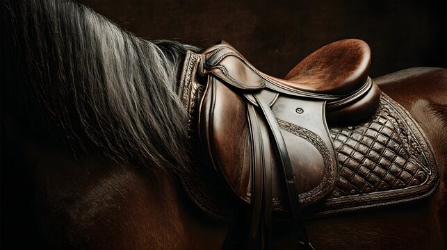 Close-up of a brown leather horse saddle with a dark background and flowing mane.