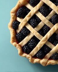 Blackberry pie with lattice crust, atop blue