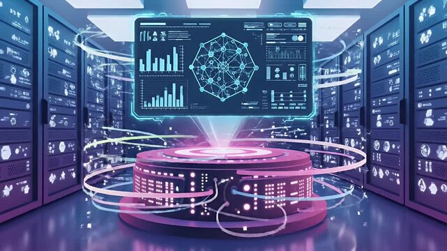 Futuristic data center room with glowing servers and central pedestal