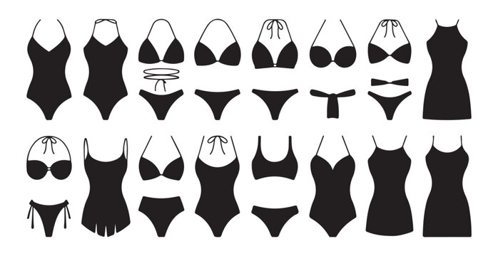 Set of bikini and swimsuit silhouettes for women beachwear collection isolated on white background