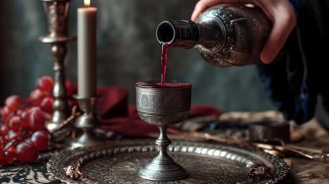 Elegant silver goblet with intricate engravings being filled with red wine on a rustic wooden table with candles and grapes, symbolizing a ceremonial or religious occasion