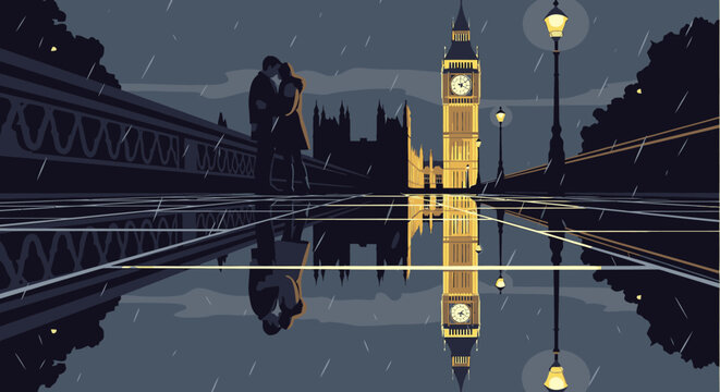 A romantic couple embraces on Westminster Bridge under the soft glow of Big Ben, their reflections shimmering on the wet, rainy London street at night.
