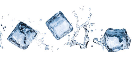 Ice cubes melting in water, isolated on transparent background, close-up photography