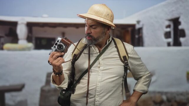 Man holding vintage camera, finger to ear and hands visible at building entrance wearing pith helmet and backpack; confusion.