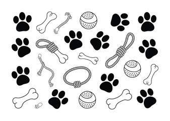 Fototapeta premium Vector illustration Black and White Dog Paw Prints, Bones, and Rope Toys Pattern