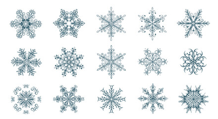 Elaborate collection of fifteen unique blue snowflake designs featuring intricate lace-like patterns and geometric symmetry on a white background.