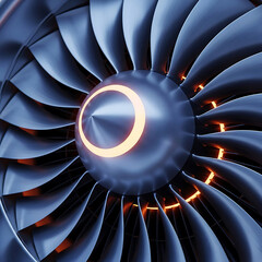 Closeup of a jet engine turbine with glowing orange lights  industrial technology