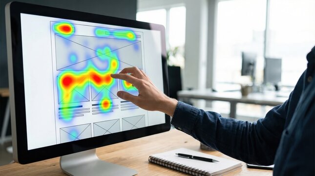 User Experience Specialist Analyzing Website Heatmap Data Interface on Computer Monitor for Optimization and Conversion Rate Improvement in Modern Office Environment