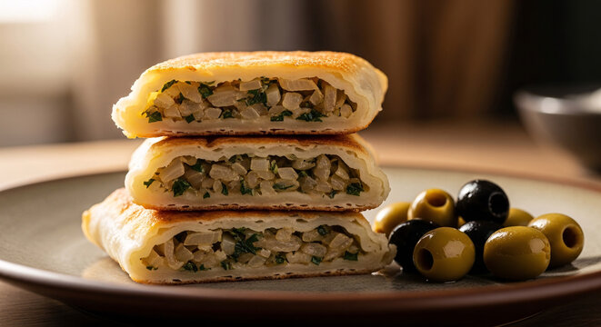 Stuffed Moroccan msemen with onions, parsley, and olives
