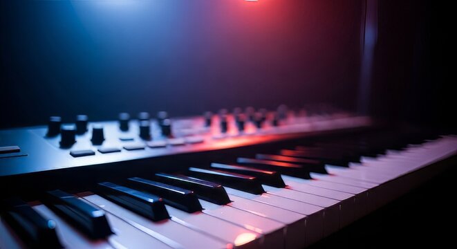 Electric piano keys illuminated with vibrant stage lighting