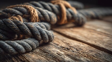 Obraz premium Close-up of a weathered rope on a rustic wooden surface, texture details.