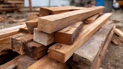 A pile of rough cut wooden planks stacked outdoors at a construction site showcasing natural wood grain and texture