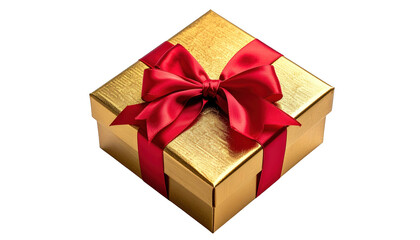 Obraz premium A golden gift box, tied with a vibrant red ribbon bow, on a black background