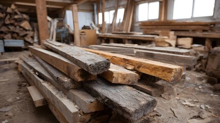 Fototapeta premium Discarded lumber and wood beams scattered in a rustic workshop