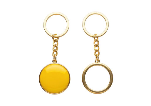 Two unique golden keychains with oval and round charms isolated on transparent background